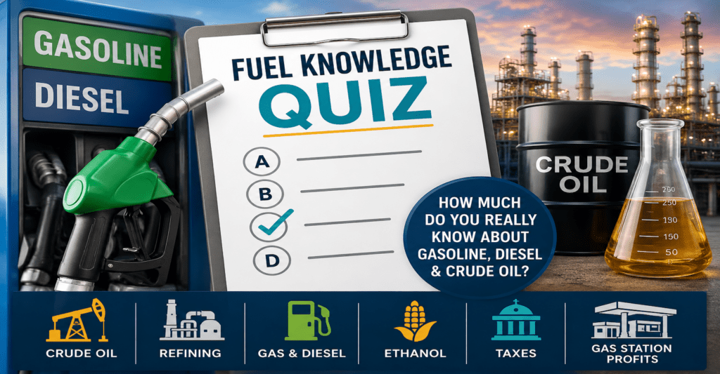 Featured image for a fuel knowledge quiz showing a gasoline pump labeled gasoline and diesel, a clipboard with a multiple-choice quiz, a barrel labeled crude oil, a laboratory flask containing petroleum product, and a large oil refinery in the background. Icons across the bottom illustrate crude oil production, refining, gasoline and diesel fuels, ethanol, taxes, and gas station profits. The image invites readers to test their knowledge of crude oil, fuel refining, gasoline and diesel prices, ethanol blending, taxes, and the economics of the fuel industry.