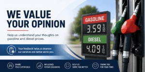 Survey banner showing gasoline and diesel fuel pumps beside a roadside fuel price sign. The graphic invites readers to share their opinions on gasoline and diesel prices and participate in a fuel cost survey.