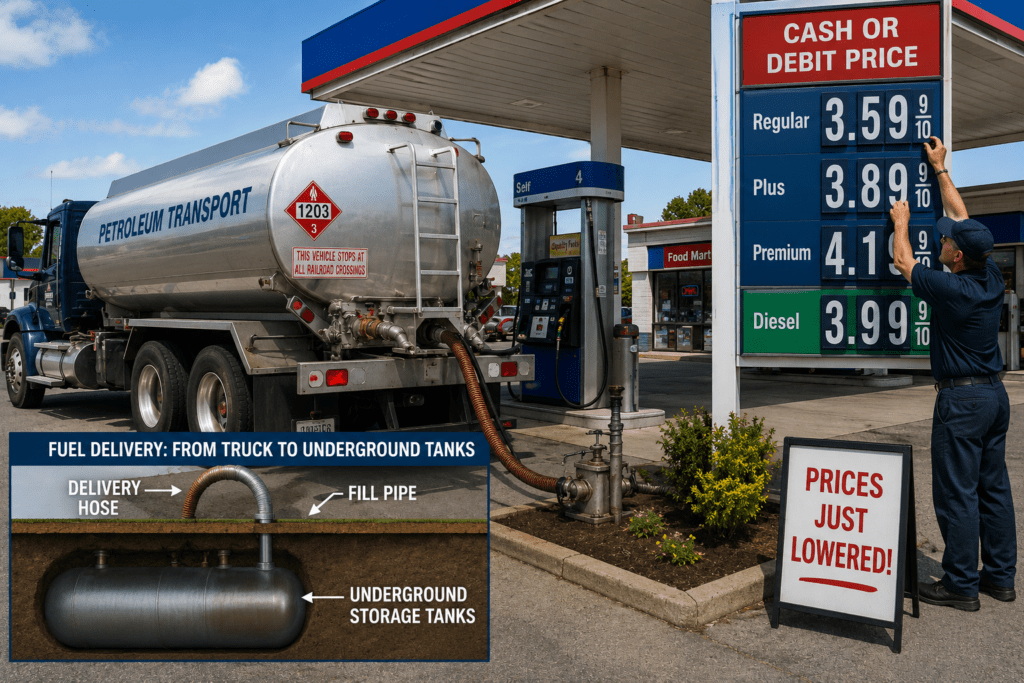 Fuel delivery truck unloading gasoline into a service station's underground storage tanks while a station employee lowers fuel prices on the roadside sign. The image illustrates how retail gasoline prices may decline after a station receives a new fuel shipment purchased at lower wholesale prices. A cutaway diagram shows fuel flowing from the tanker truck into the underground storage system that supplies the gas pumps. The scene helps explain inventory replacement costs, wholesale fuel pricing, and why the price of gasoline and diesel sometimes changes after new deliveries arrive.