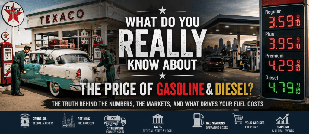 Featured image comparing a 1950s full-service gas station with a modern self-service fuel station. On the left, uniformed attendants fuel a classic family automobile outside a vintage service station offering road maps and vehicle services. On the right, a modern gas station displays digital gasoline and diesel prices. The image illustrates the evolution of fueling in America and explores the factors that influence gasoline and diesel prices, including crude oil, refining, taxes, transportation, and global markets.