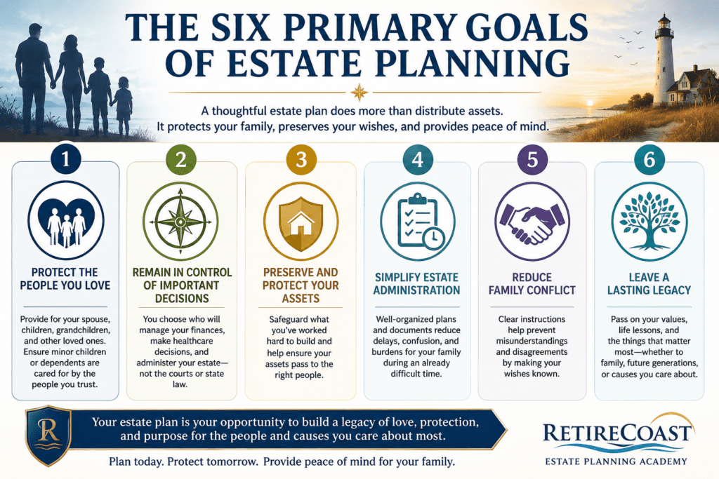 Infographic illustrating the six primary goals of estate planning: protect the people you love, remain in control of important decisions, preserve and protect your assets, simplify estate administration, reduce family conflict, and leave a lasting legacy.