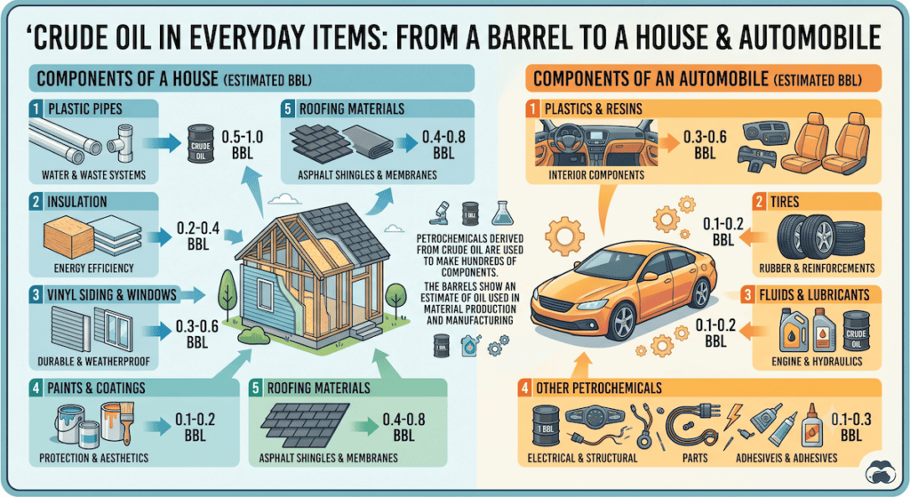 An educational infographic titled "Crude Oil in Everyday Items: From a Barrel to a House & Automobile." The infographic features stylized 2D illustrations broken into two main sections against a light background. The left section focuses on "Components of a House" and uses flowcharts to estimate the fractions of a barrel (bbl) of crude oil required to manufacture building elements: Plastic Pipes (0.5–1.0 bbl), Insulation (0.2–0.4 bbl), Vinyl Siding & Windows (0.3–0.6 bbl), Paints & Coatings (0.1–0.2 bbl), and Asphalt Roofing Materials (0.4–0.8 bbl). The right section covers "Components of an Automobile," detailing the oil required for its manufacturing: Plastics & Resins for interior components (0.3–0.6 bbl), Tires (0.1–0.2 bbl), Fluids & Lubricants (0.1–0.2 bbl), and Other Petrochemicals like wiring, adhesives, and electrical parts (0.1–0.3 bbl). A central text block notes that petrochemicals derived from crude oil are essential for manufacturing hundreds of structural components.