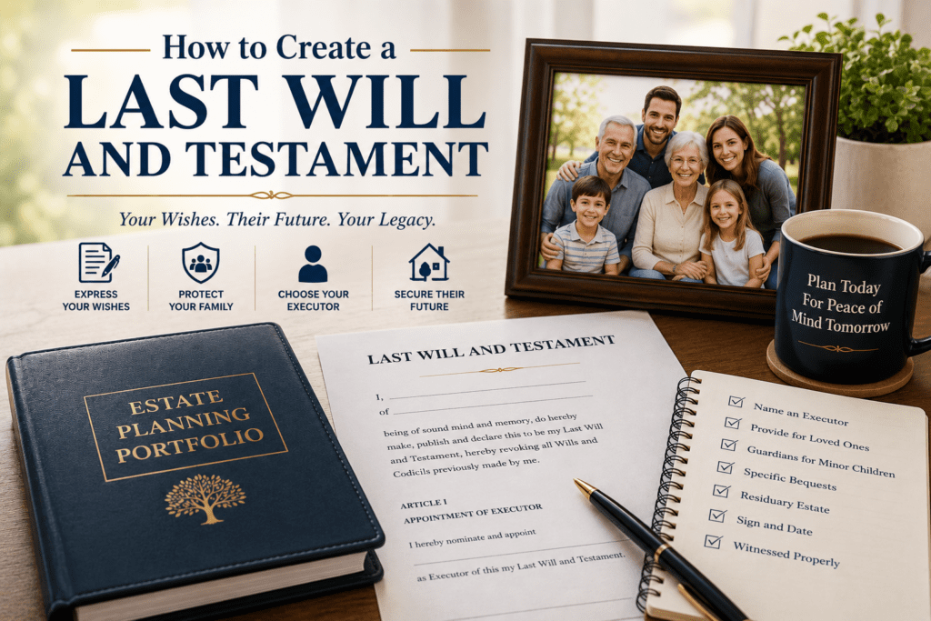 Featured image for an article titled "How to Create a Last Will and Testament," showing a Last Will and Testament document, an estate planning portfolio, a family photograph, and a planning checklist symbolizing the process of protecting loved ones, choosing an executor, naming guardians, and documenting final wishes.
