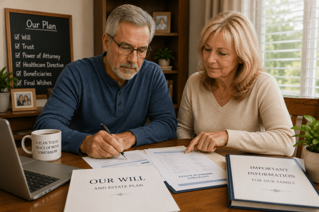 husband and wife creating their will as part of their estate planning showing a blackboard on the wall with their plan