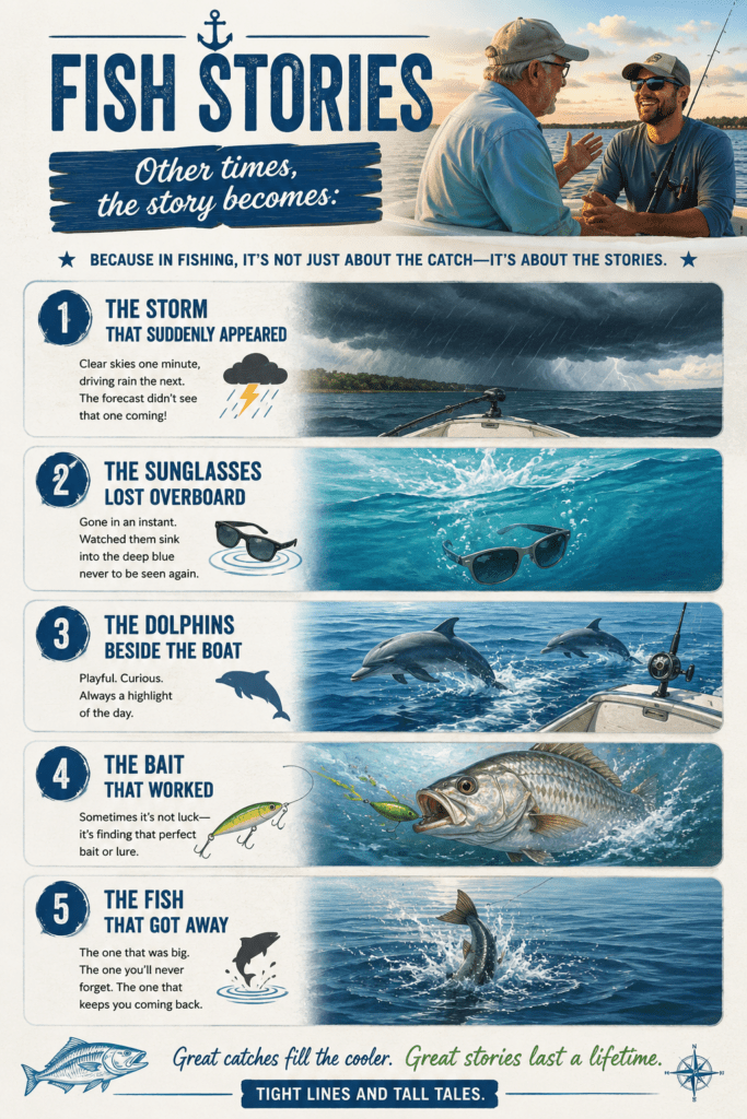 Fishing-themed infographic illustrating five memorable fishing stories: a sudden storm, sunglasses lost overboard, dolphins swimming beside a boat, a successful fishing lure, and the legendary fish that got away. The design highlights how fishing memories often become stories shared long after the trip ends.