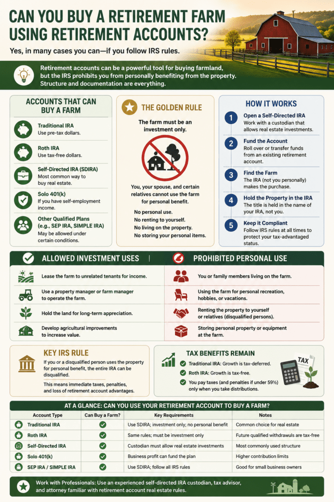 Infographic explaining whether a retirement farm can be purchased using retirement accounts. The graphic compares Traditional IRAs, Roth IRAs, Self-Directed IRAs, Solo 401(k)s, and other qualified plans, outlines IRS rules governing farmland ownership, explains prohibited transactions and personal-use restrictions, and highlights the advantages and limitations of using retirement funds to invest in agricultural land.