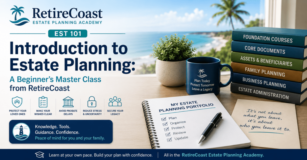 Introduction to Estate Planning: A Beginner's Master Class from RetireCoast hero image featuring the RetireCoast Estate Planning Academy, an estate planning portfolio, course series, and coastal workspace representing wills, trusts, probate planning, and building a complete estate plan.