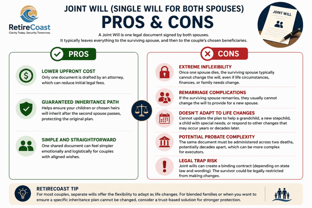 Infographic comparing the pros and cons of a Joint Will for married couples. The graphic explains that a Joint Will is one legal document signed by both spouses and highlights potential advantages such as lower initial cost, a guaranteed inheritance path, and simplicity, while also illustrating potential disadvantages including reduced flexibility, remarriage complications, adapting to changing family circumstances, probate complexity, and the possibility of legal restrictions on changing the estate plan. The infographic concludes with a RetireCoast recommendation that most couples should consider separate wills or a trust-based estate plan depending on their family situation.