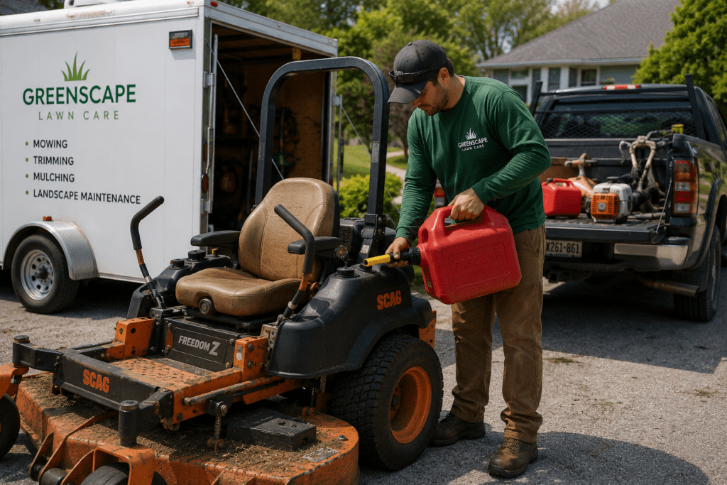 Professional landscaper refueling a commercial zero-turn lawn mower from a gasoline container beside a pickup truck and equipment trailer. The image illustrates how landscaping businesses consume fuel both transporting equipment to job sites and operating fuel-powered mowing and trimming equipment, making fuel one of their largest operating expenses.