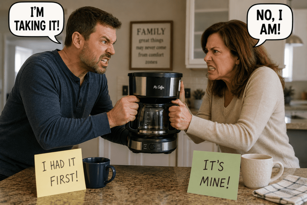 Two adult siblings argue over ownership of a coffee maker after a parent's death, each pulling on the appliance while insisting it belongs to them. The image illustrates how family disputes can arise over personal property and sentimental items when estate planning instructions are unclear.