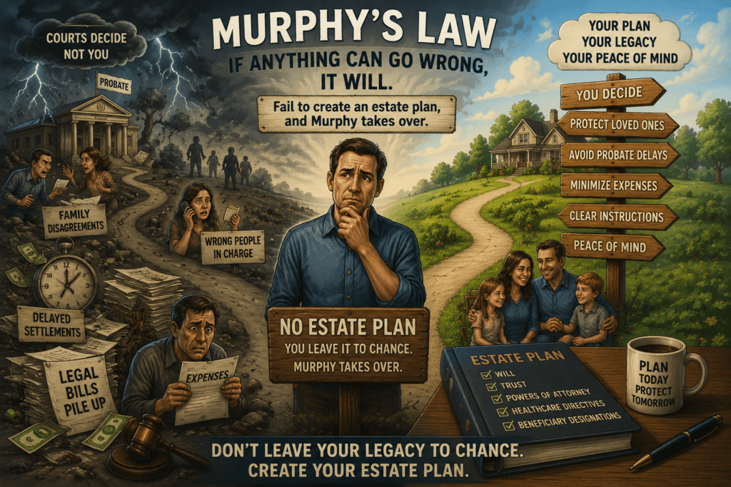 Artistic illustration of Murphy's Law applied to estate planning, contrasting the confusion, legal costs, probate delays, and family disputes caused by failing to create an estate plan with the peace of mind, organization, and family security provided by thoughtful estate planning.