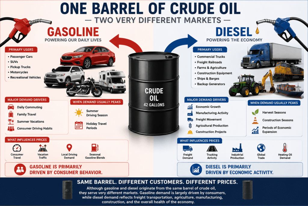 Educational infographic titled "One Barrel of Crude Oil – Two Very Different Markets" showing how a 42-gallon barrel of crude oil is refined into gasoline and diesel fuel. The gasoline side highlights passenger cars, SUVs, motorcycles, recreational vehicles, commuting, vacation travel, and consumer demand. The diesel side highlights commercial trucks, railroads, ships, farms, construction equipment, freight transportation, and industrial activity. The graphic illustrates why gasoline and diesel often have different prices despite originating from the same barrel of crude oil.
