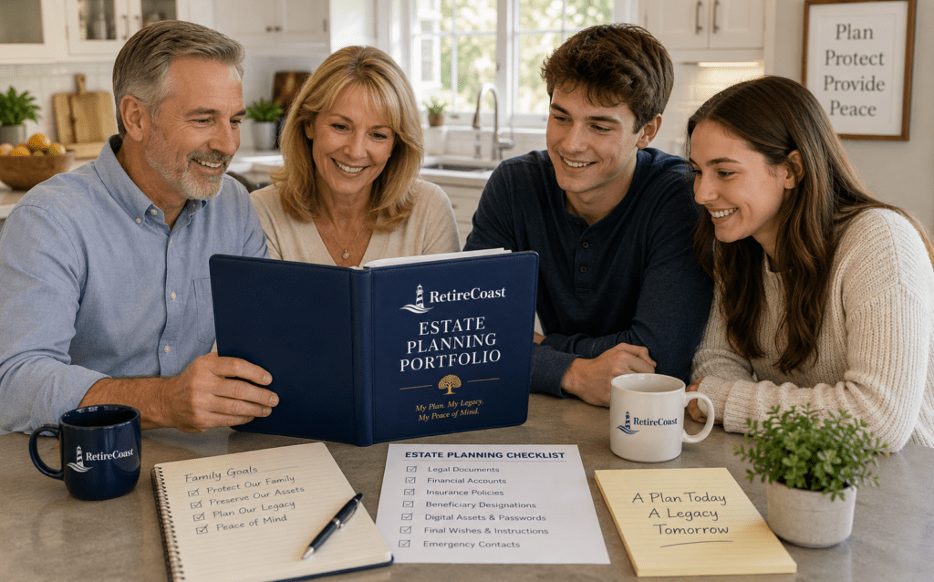 A husband and wife in their mid-50s review their RetireCoast Estate Planning Portfolio with their adult son and daughter around the kitchen table, discussing legal documents, financial accounts, and family legacy planning.