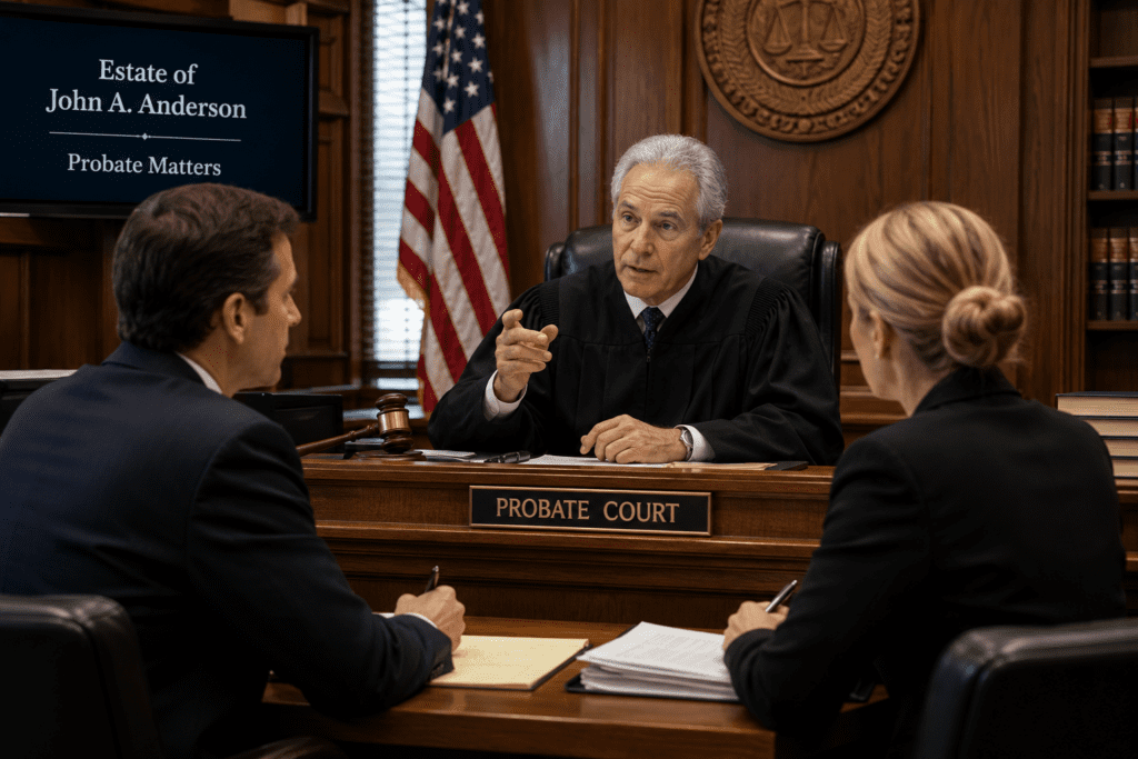 Judge presiding over a probate court hearing while meeting with two attorneys at the bench to discuss estate administration, illustrating the legal process involved in settling a deceased person's estate through probate court.
