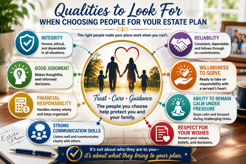 Introduction to Estate Planning infographic illustrating the key qualities to look for when choosing an executor, trustee, financial agent, healthcare agent, or guardian, including integrity, good judgment, financial responsibility, strong communication skills, reliability, willingness to serve, the ability to remain calm under pressure, and respect for your wishes.