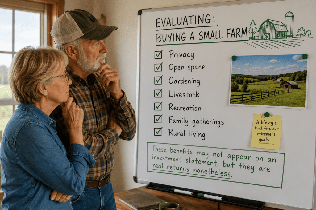 Retired couple reviewing a retirement farm purchase decision on a whiteboard checklist. The board highlights lifestyle benefits including privacy, open space, gardening, livestock, recreation, family gatherings, and rural living, illustrating how many retirees evaluate both financial and personal returns when considering a small farm investment.