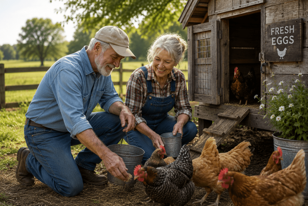 Retired married couple caring for chickens outside a rustic chicken coop on a small farm. The couple is feeding their flock while enjoying a sunny day in a peaceful rural setting surrounded by pasture, fencing, and farmland.
