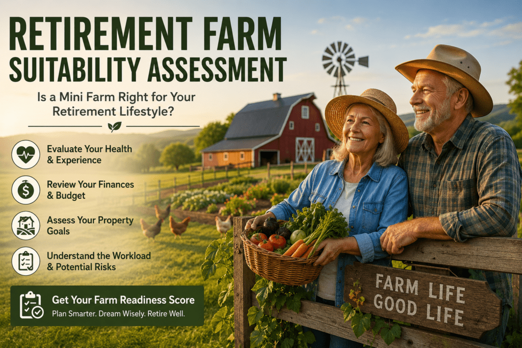 Retired couple standing on a small farm with a basket of freshly harvested vegetables in front of a red barn and windmill. The image promotes a Retirement Farm Suitability Assessment tool designed to help retirees evaluate their health, finances, property goals, and readiness for owning a mini farm after retirement.