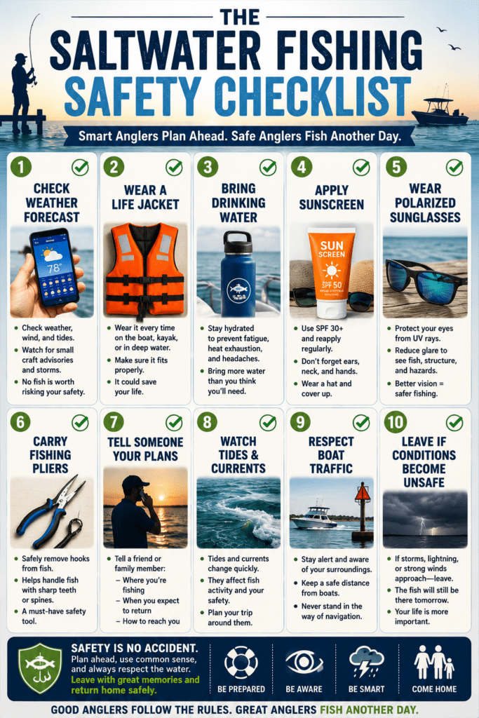 Infographic titled "The Saltwater Fishing Safety Checklist" showing ten essential safety practices for anglers, including checking weather forecasts, wearing a life jacket, bringing drinking water, applying sunscreen, wearing polarized sunglasses, carrying fishing pliers, informing someone of your plans, watching tides and currents, respecting boat traffic, and leaving the water when conditions become unsafe.

