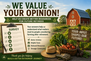 Farm retirement survey banner featuring a rural farm landscape with a red barn, vegetable garden, clipboard survey form, and fresh produce. The image invites readers to share their opinions about farming after retirement and explains that survey responses help create better articles, tools, calculators, and resources for future retirees considering a mini farm, homestead, or rural lifestyle.