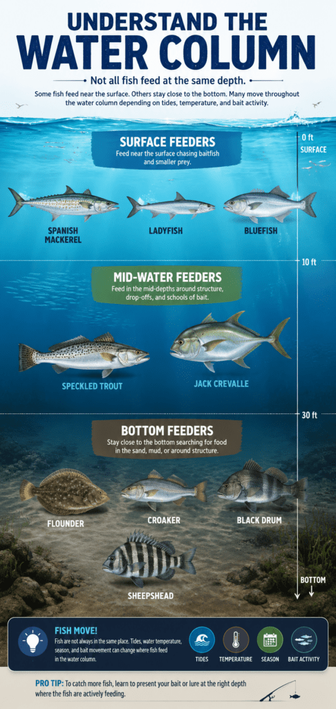 Tall infographic illustrating the saltwater water column and where different fish species typically feed. The graphic divides the water into surface feeders, mid-water feeders, and bottom feeders, showing Spanish mackerel, ladyfish, and bluefish near the surface; speckled trout and jack crevalle in the middle of the water column; and flounder, croaker, black drum, and sheepshead feeding along the bottom. It also explains how tides, water temperature, season, and bait activity influence where fish are found.