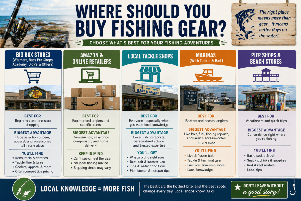 Infographic comparing the best places to buy fishing gear, including big box sporting goods stores, online retailers, local tackle shops, marinas, and pier or beach stores, highlighting the advantages, product selection, local fishing knowledge, bait availability, and convenience offered by each option.