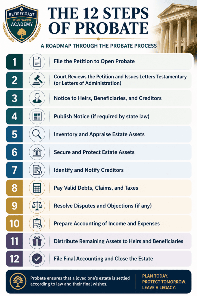 nfographic titled "The 12 Steps of Probate" outlining the major stages of the probate process, from locating the will and opening the probate case through appointing the personal representative, notifying creditors, identifying and valuing assets, paying debts and taxes, distributing property to beneficiaries, preparing the final accounting, and closing the estate.