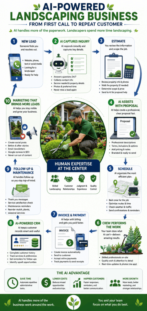 Infographic titled “AI-Powered Landscaping Business: From First Call to Repeat Customer” showing how AI can assist a landscaping company with customer inquiries, estimates, proposals, scheduling, invoicing, CRM, follow-up, maintenance reminders, and marketing while landscaping crews provide skilled human expertise.