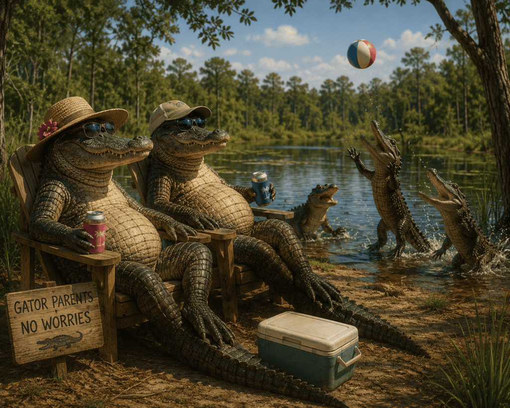 Alligators sitting on chairs near a pond on horn island