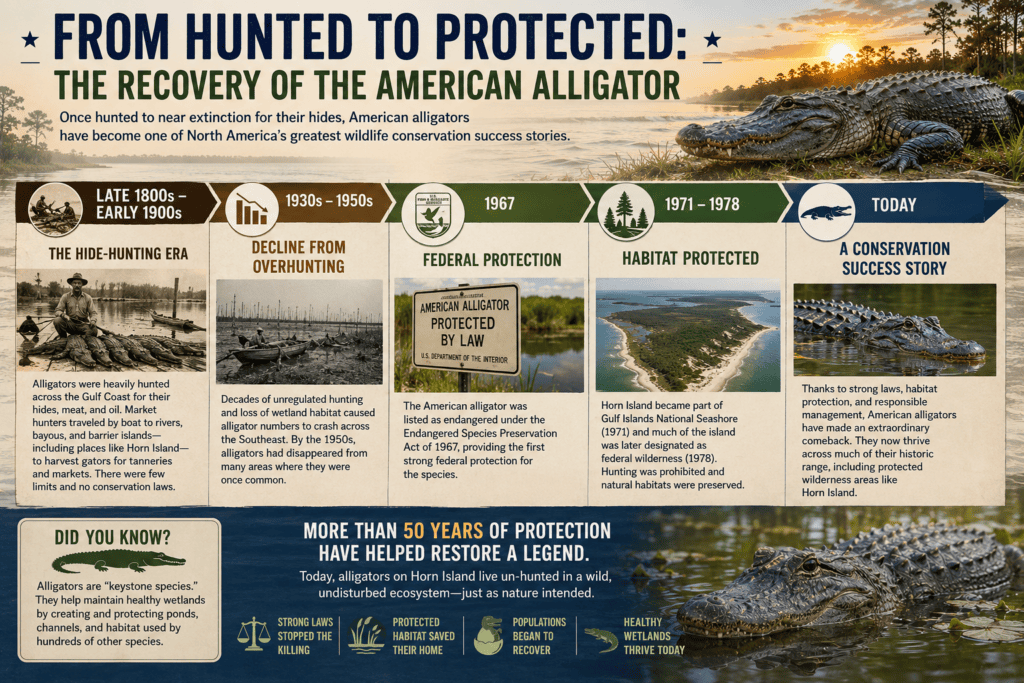 Infographic timeline titled "From Hunted to Protected: The Recovery of the American Alligator" illustrating the species' conservation journey from the commercial hide-hunting era of the late 1800s through federal protection and habitat conservation to today's successful recovery, with Horn Island highlighted as a protected wilderness where alligators thrive.