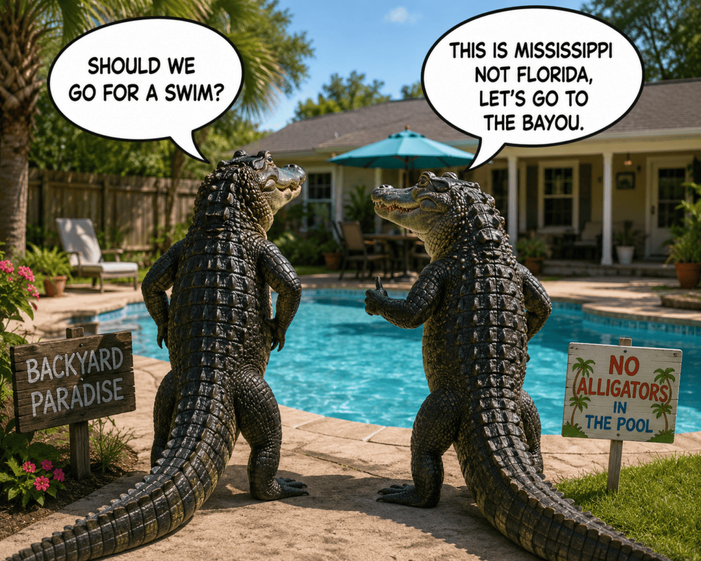 Two humorous alligators stand beside a backyard swimming pool. One asks, “Should we go for a swim?” while the other replies, “This is Mississippi, not Florida, let’s go to the bayou.”