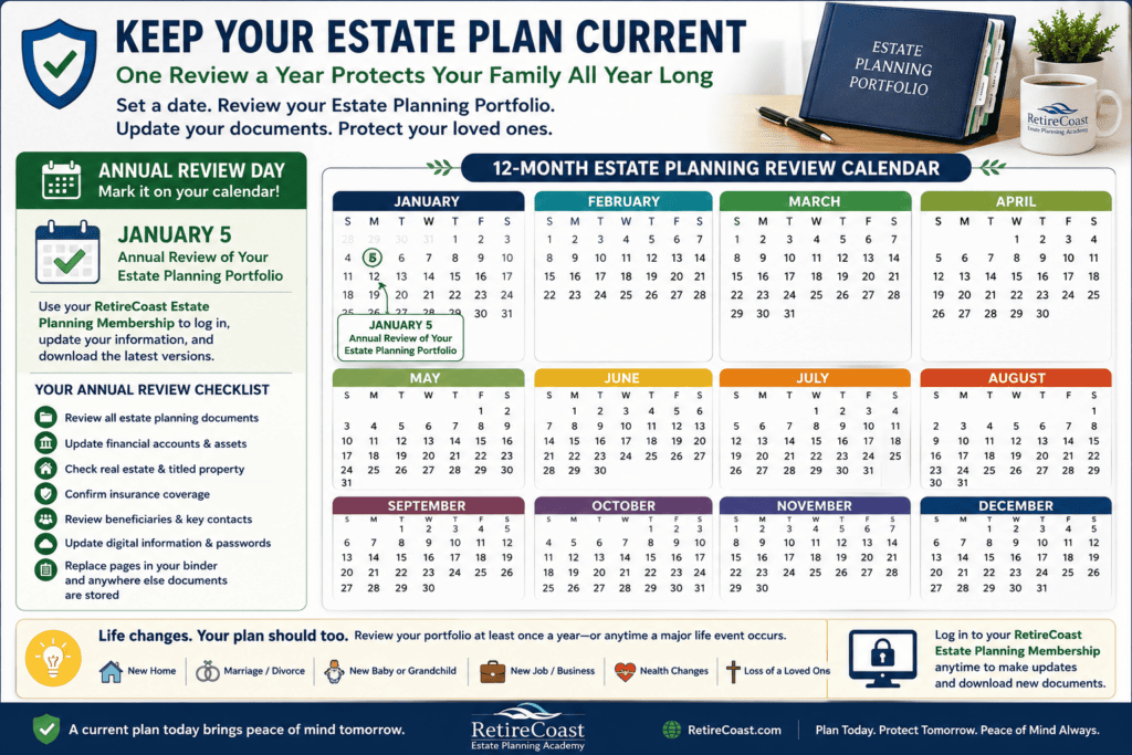 Vertical RetireCoast infographic showing a 12-month estate planning calendar with January 5 highlighted as the annual Estate Planning Portfolio review date, accompanied by a checklist reminding members to log into the RetireCoast Estate Planning Membership, update documents, review beneficiaries and insurance, replace printed pages in their binder, and update digital copies.