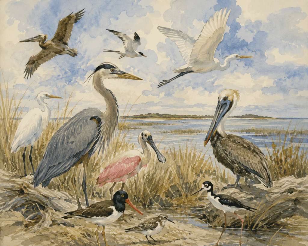 Artistic watercolor illustration inspired by the spirit of Walter Anderson's nature studies, depicting pelicans, herons, egrets, a roseate spoonbill, American oystercatchers, shorebirds, and marsh grasses along the shoreline of Horn Island, Mississippi beneath a dramatic Gulf Coast sky.