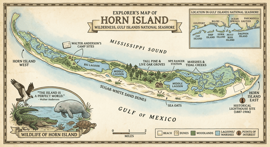 A vintage-style illustrative map on parchment paper, depicting Horn Island Wilderness as a long, curved barrier island stretching horizontally. Text at the top reads "EXPLORER'S MAP OF HORN ISLAND" with "WILDERNESS, GULF ISLANDS NATIONAL SEASHORE" below. The map labels features such as "HORN ISLAND WEST," "MISSISSIPPI SOUND," "GULF OF MEXICO," "SUGAR-WHITE SAND DUNES," "BIG LAGOON," "TALL PINE & LIVE OAK GROVES," "NPS RANGER STATION," "MARSHES & TIDAL CREEKS," and "HISTORICAL LIGHTHOUSE SITE (1887-1906)." The northern side is Mississippi Sound, and the southern side is Gulf of Mexico. In the bottom left, a circular vignette shows a manatee, alligator, sea turtle, and osprey, with a banner below reading "WILDLIFE OF HORN ISLAND." A quote next to it says: "‘THE ISLAND IS A PERFECT WORLD.’ – Walter Anderson." An inset map in the upper right shows the island's "LOCATION IN GULF ISLANDS NATIONAL SEASHORE" relative to the Mississippi coastline, labeling cities like Gulfport, Biloxi, Pascagoula, and adjacent islands Cat, Ship, Petit Bois, and Dauphin. A miles scale bar and legend define geographical features with small illustrative icons at the bottom. The entire map has a decorative border.