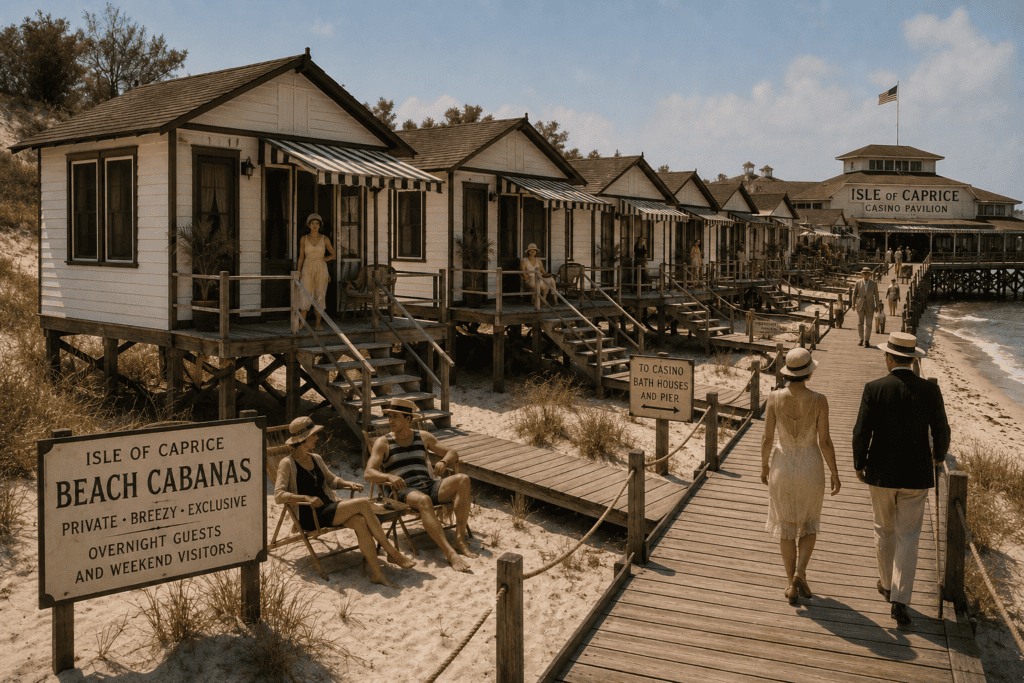 Artist's rendering of the beach cabanas at the Isle of Caprice during the late 1920s. The elevated one-room cottages are built on timber pilings along the sand dunes and connected by raised wooden boardwalks leading to the casino pavilion, bathhouses, pier, and beach. Guests in period attire relax outside the breezy accommodations overlooking the Mississippi Sound. This reconstruction is based on historical descriptions of the resort's layout and amenities.