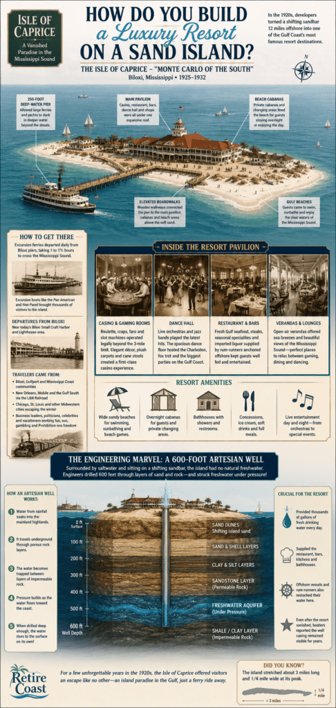 Infographic illustrating how developers transformed the Isle of Caprice into a luxury resort during the 1920s. The graphic features the island's deep-water pier, excursion ferry, casino and dance pavilion, beach cabanas, restaurants, boardwalks, and a detailed cross-section showing the remarkable 600-foot artesian well that supplied fresh water from an underground aquifer beneath the Mississippi Sound.
