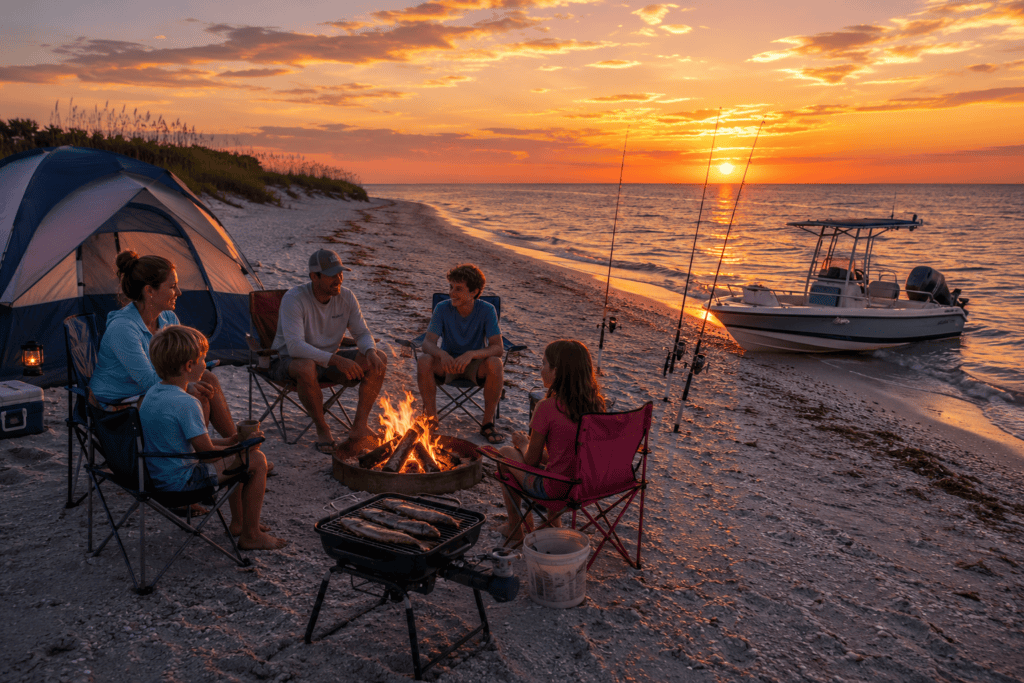 image of a family camping on the beach in horn island at dusk