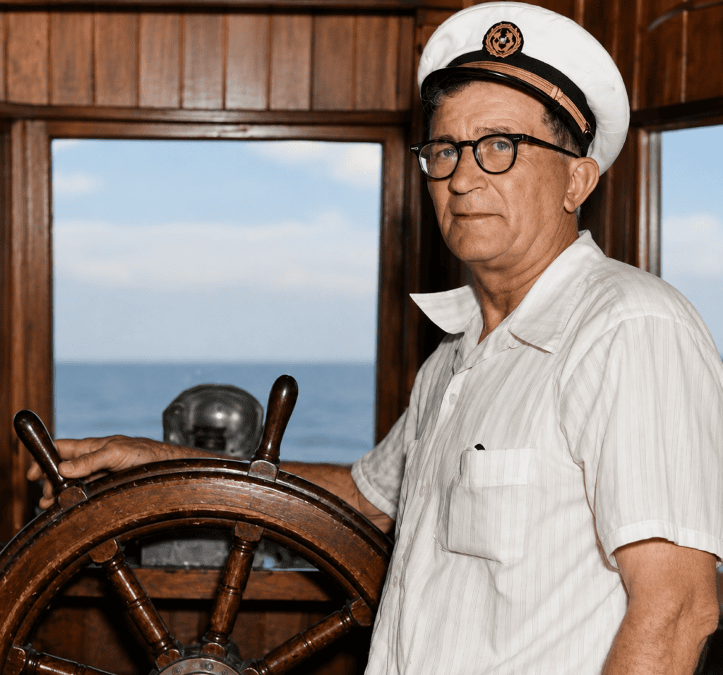 Captain Pete Skrmetta stands at the helm of the original Pan American excursion boat that carried visitors from Biloxi to the Isle of Caprice during the 1920s. This restored historical image honors the founder of the ferry service that later evolved into today's Ship Island Excursions. Original photograph courtesy of SunHerald.com.