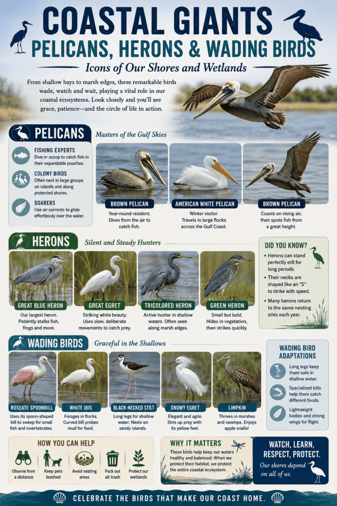 Vertical infographic titled "Coastal Giants: Pelicans, Herons & Wading Birds" illustrating common birds of Mississippi's barrier islands and Gulf Coast wetlands, including Brown Pelicans, American White Pelicans, Great Blue Herons, Great Egrets, Tricolored Herons, Green Herons, Roseate Spoonbills, White Ibises, Black-necked Stilts, Snowy Egrets, and Limpkins, with identification tips, habitat information, and bird conservation guidance.