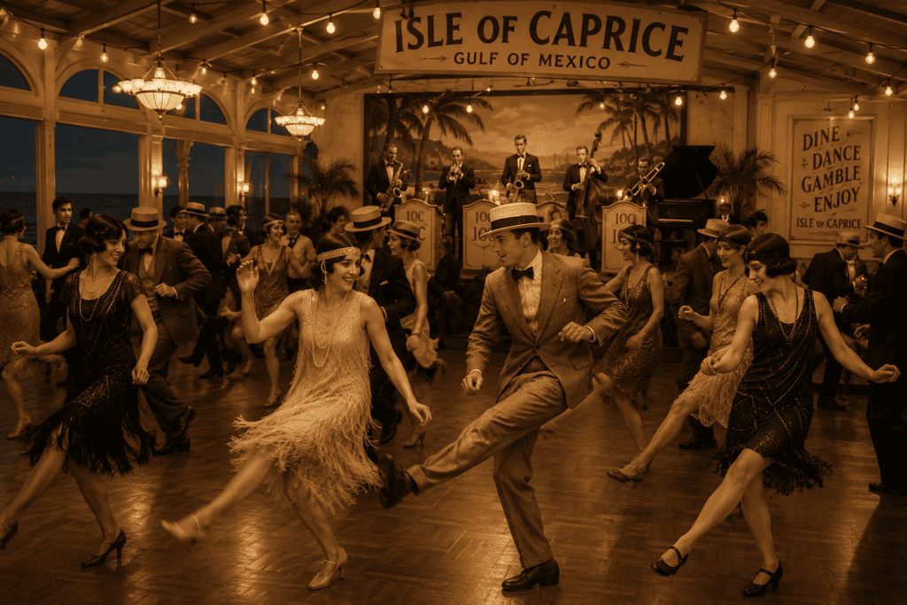 Artist's reconstruction of couples dancing the Charleston in the Isle of Caprice ballroom during the late 1920s. Men in period suits and straw boater hats dance with women wearing flapper dresses while a live jazz orchestra performs, capturing the excitement of the Roaring Twenties on Mississippi's famous offshore resort island.