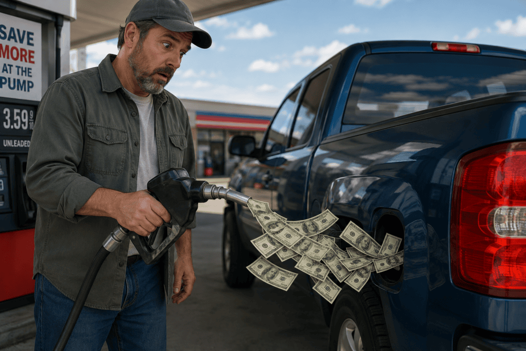 Artistic illustration of a man filling a pickup truck with gasoline at a service station, where dollar bills flow from the fuel nozzle into the gas tank instead of gasoline, symbolizing the rising cost of fuel and the importance of finding ways to save money on gas through smarter driving, vehicle maintenance, and fuel rewards programs.
