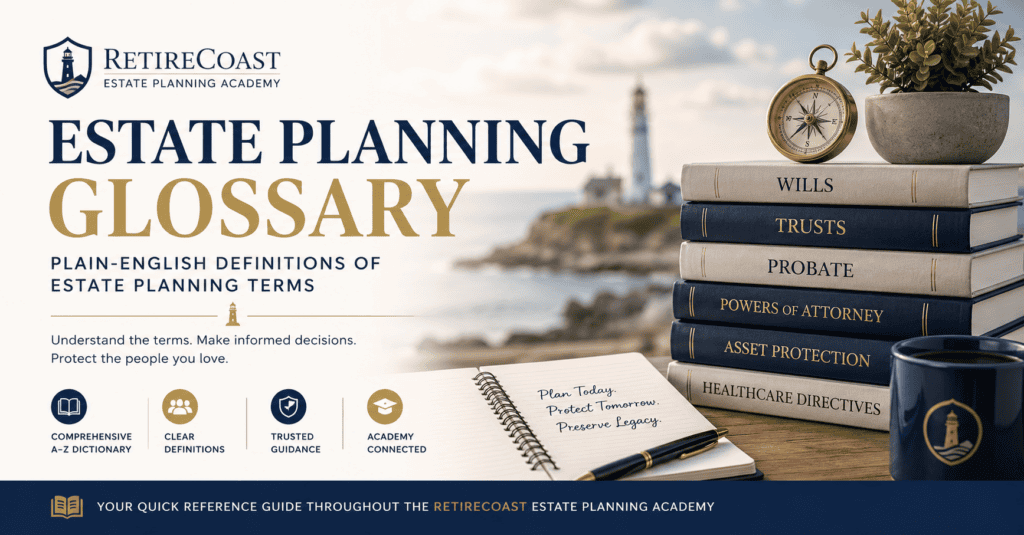 Estate Planning Glossary featured image showing law books labeled wills, trusts, probate, powers of attorney, asset protection, and healthcare directives with the RetireCoast Estate Planning Academy branding and a lighthouse in the background representing guidance and planning.