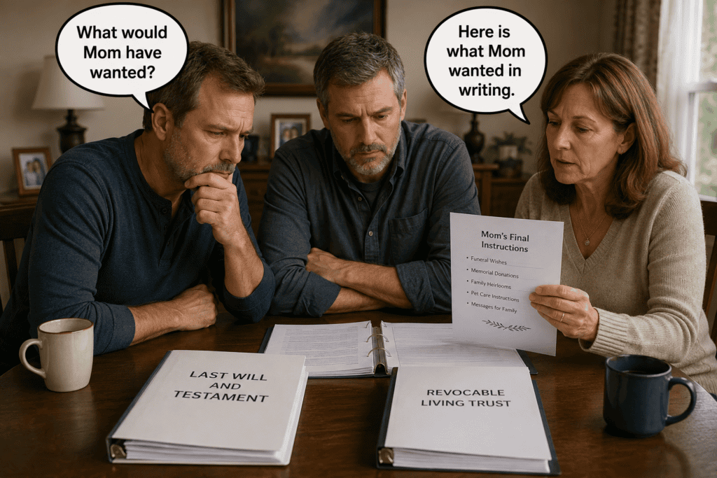 Three adult siblings sit around a dining room table reviewing their mother's will, trust, and written estate planning instructions, with one asking, "What would Mom have wanted?" and another responding, "Here is what Mom wanted in writing.