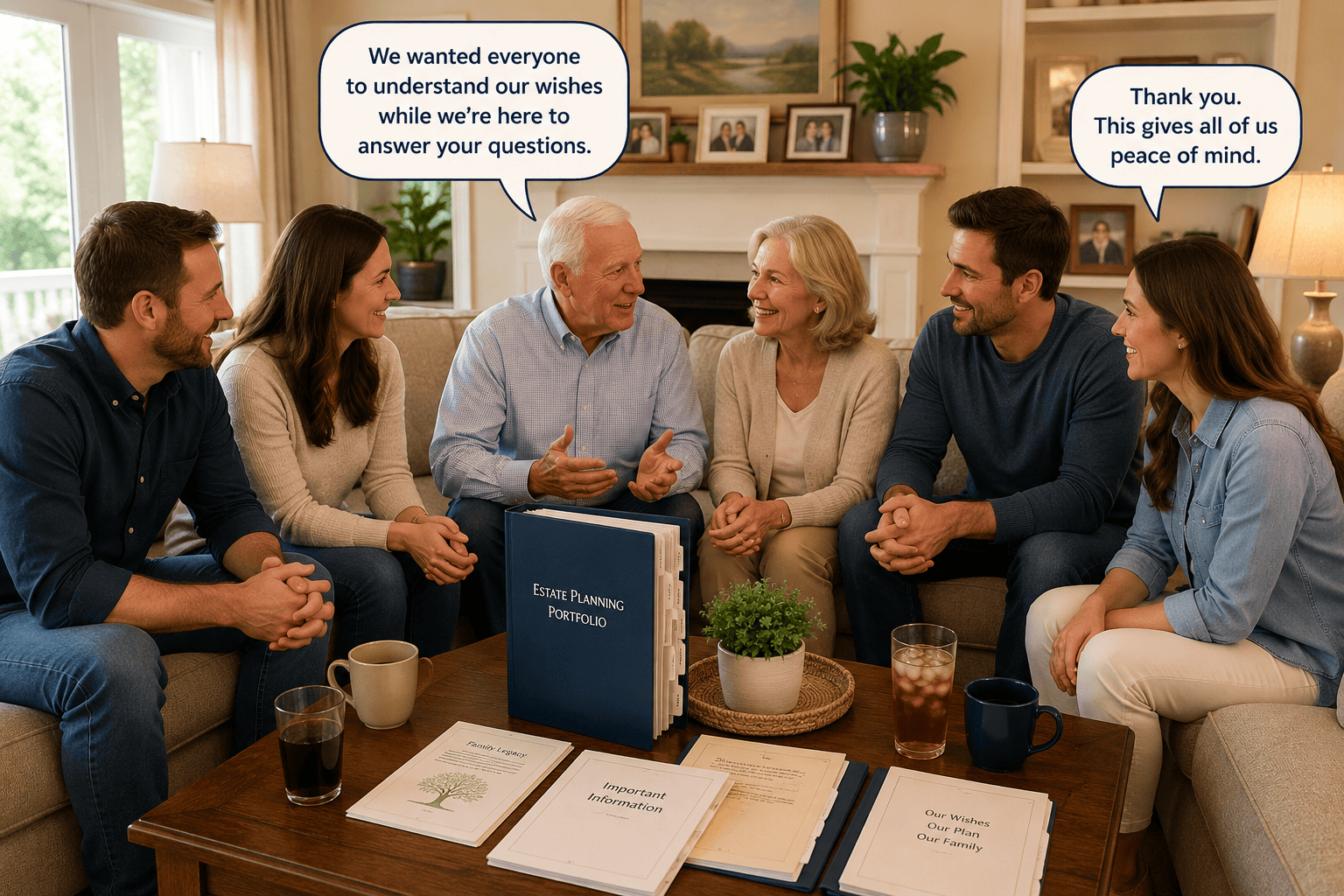 Parents holding an estate planning family meeting with their adult children