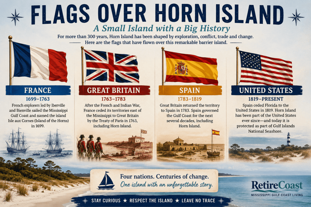 nfographic titled “Flags Over Horn Island” showing the flags of France, Great Britain, Spain, and the United States in historical order above coastal illustrations of Horn Island.