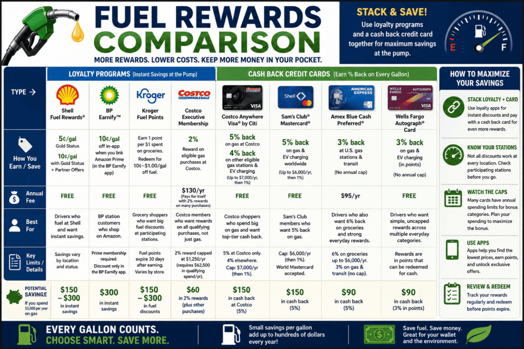 Infographic titled "Fuel Rewards Comparison" comparing popular fuel rewards programs, warehouse club memberships, grocery fuel point programs, and cash-back credit cards that help drivers save money on gasoline and diesel. The infographic summarizes typical reward rates, annual fees, spending caps, and ideal users for each program. It also explains how combining fuel loyalty programs with cash-back credit cards can maximize savings through "stacking" rewards, while reminding readers to review each program's current terms, participating locations, and eligibility requirements.