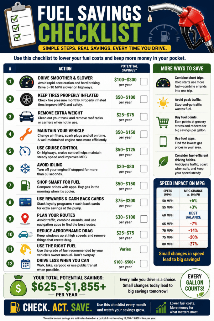 Infographic titled "Fuel Savings Checklist" presenting a practical checklist of fuel-saving habits drivers can review regularly. The checklist includes using the correct octane fuel, maintaining proper tire pressure, driving at moderate highway speeds, avoiding excessive idling, combining errands, planning routes, using cruise control when appropriate, comparing fuel prices, earning rewards through loyalty programs and cash-back credit cards, removing unnecessary weight and roof accessories, keeping the vehicle properly maintained, and considering alternatives such as walking, carpooling, or using an electric bicycle. The infographic also highlights how small improvements can add up to significant annual savings.