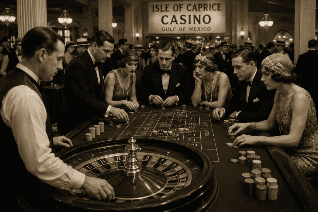 Artist's rendering of guests gathered around a roulette table inside the Isle of Caprice casino during the late 1920s. Men dressed in tuxedos and tailored suits and women wearing elegant flapper dresses place bets as a croupier spins the roulette wheel, illustrating the glamorous atmosphere of Mississippi's famous offshore casino during the Prohibition era.