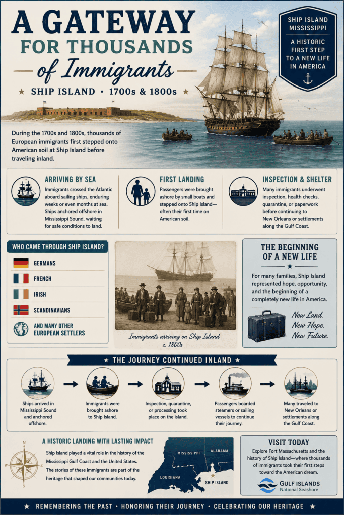 Historical infographic showing European immigrants arriving by sailing ship at Ship Island, Mississippi, during the 1700s and 1800s before continuing to New Orleans and Gulf Coast settlements.