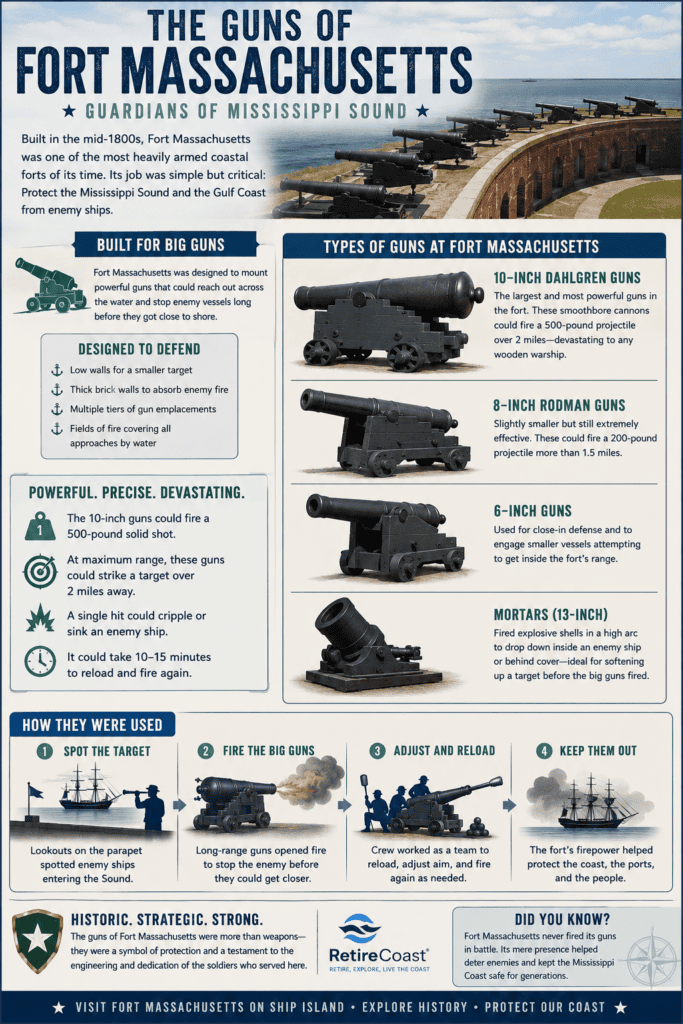 Infographic showing the historic coastal defense guns of Fort Massachusetts on Ship Island, including large cannons, mortars, gun positions, and how artillery crews defended the Mississippi Sound.